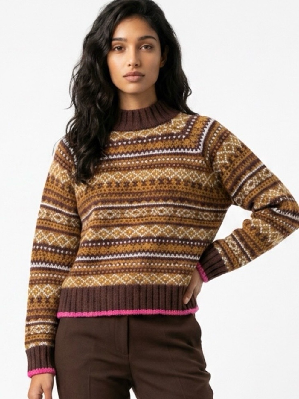 Frank & Oak Wool blend Sweater, Brown/Cream/pink, mock neck, wool blend, sz M